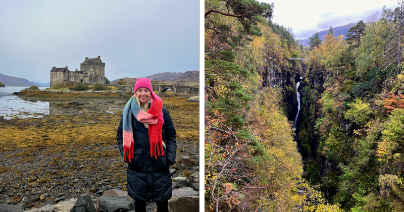 Girl standing outside a castle and a waterfall surrounded by a forest