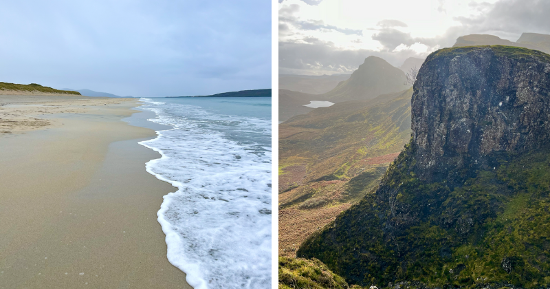 A beautiful beach and a green mountain