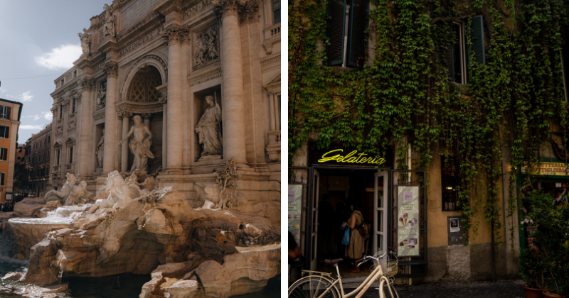 Trevi Fountain and a Gelato shop in Rome