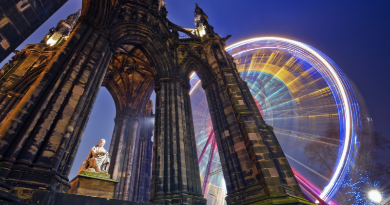 A view of Scott Monument and the Big Wheel at the Christmas Market