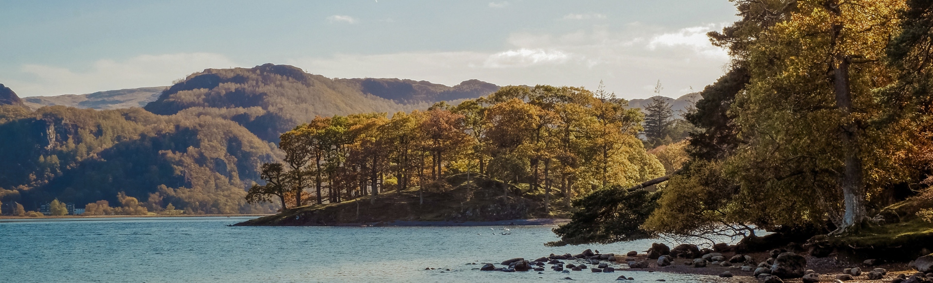 A quiet lake overlooked by trees and mountains in the Lake District