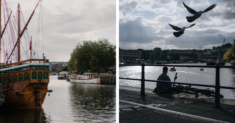 River side in Bristol with a ship and people looking at the water