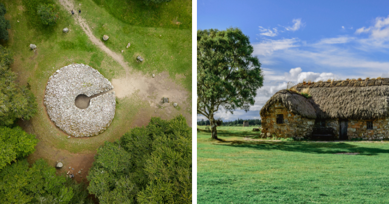 Birds eye view of a rock monument and an old stone house