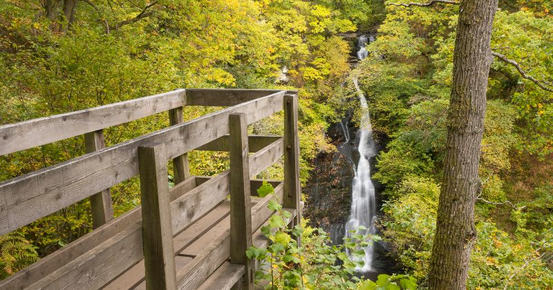 A wooden viewing platform overlooking a waterfall