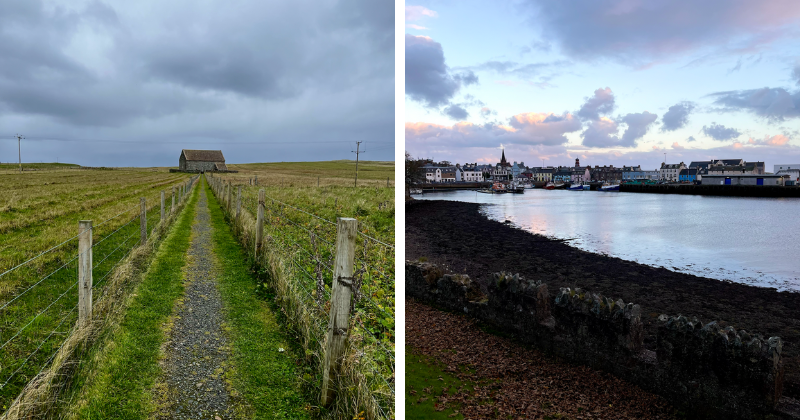 A stone church in a field, and a city on the waterfront