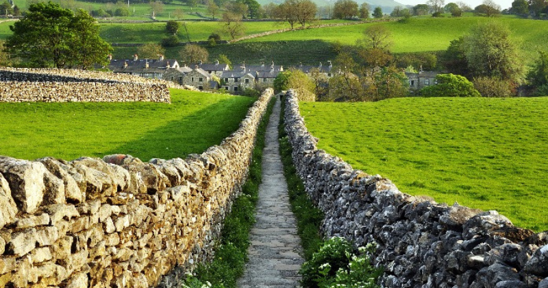 A stone fence along a pathway in the countryside