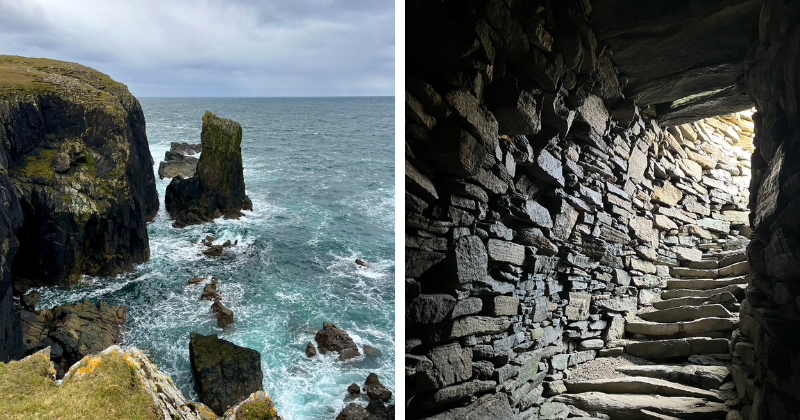 Large rocks in the ocean and stone steps in a castle